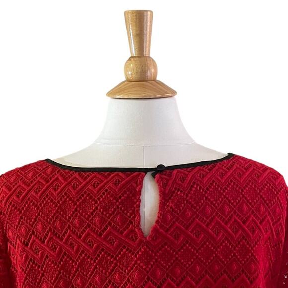 Talbots Red Embroidered Lace Overlay Short Sleeve Blouse Faux Leather Trim, 24W - Picture 4 of 13